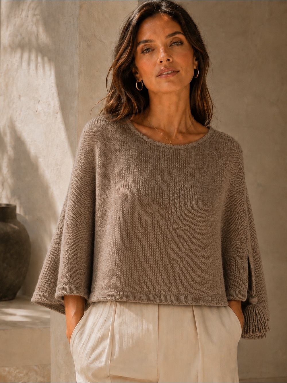 Alicia Adams Baby Alpaca Poncho Sweater Knit Cape Tan One Size